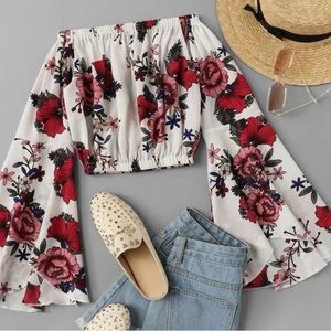 SHEIN flounce sleeve floral Bardot crop top